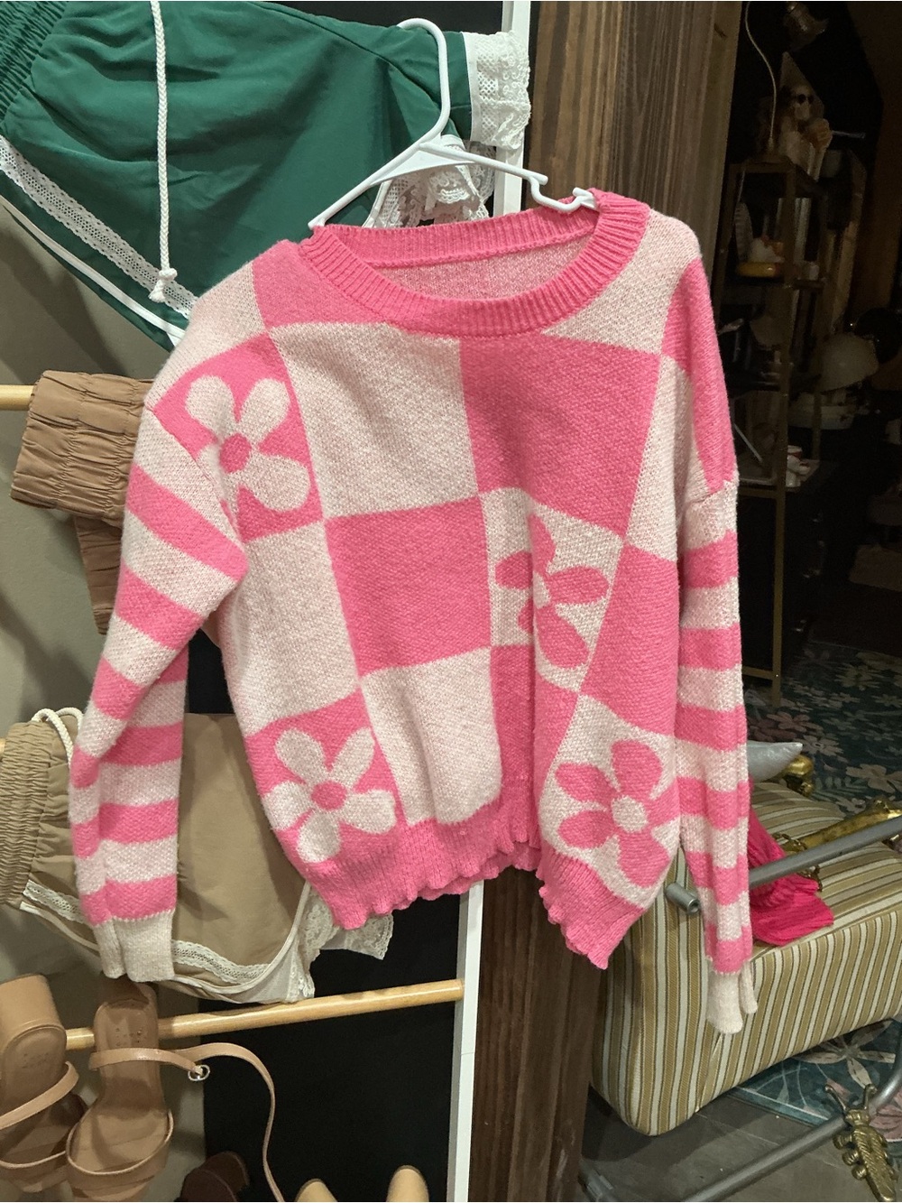 Pink Floral Check Knit Sweater - Women